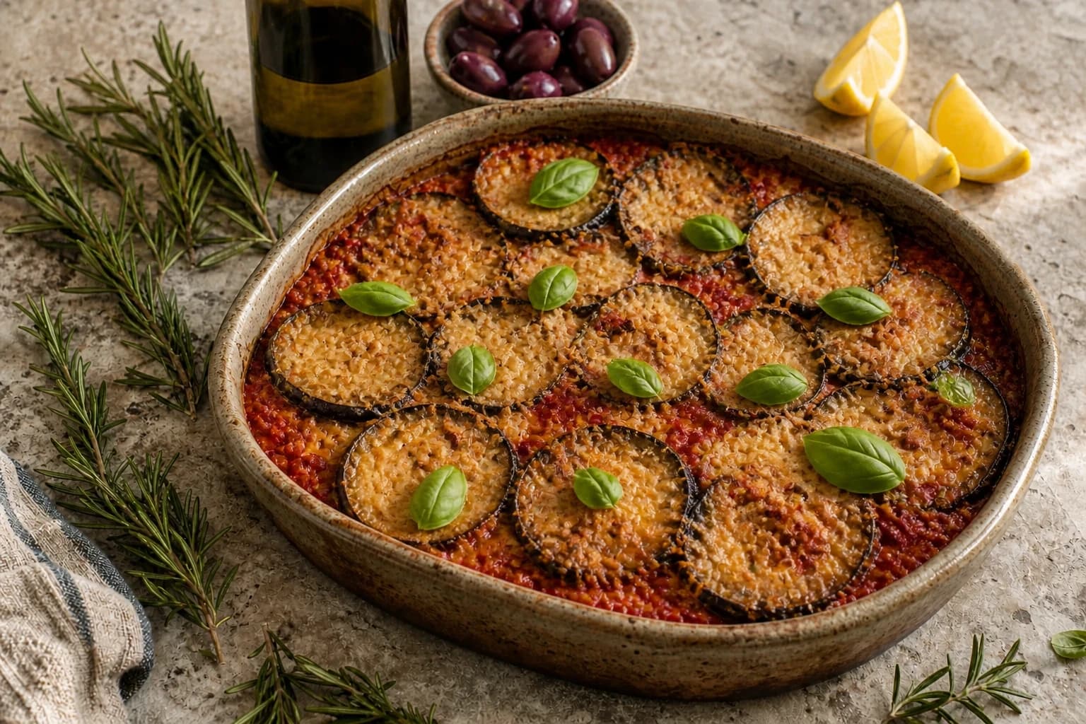 Tranches d'aubergine grillées et dorées sur une planche