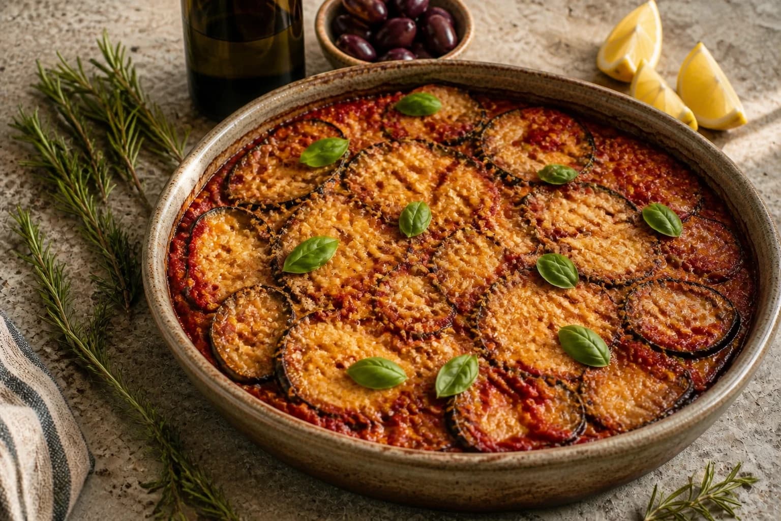 Gratin d'aubergines à la parmesane vegan doré sortant du four