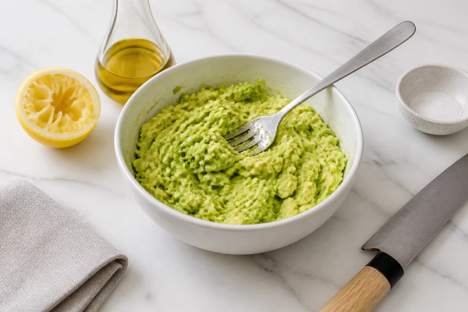 Avocat écrasé à la fourchette avec du jus de citron dans un bol