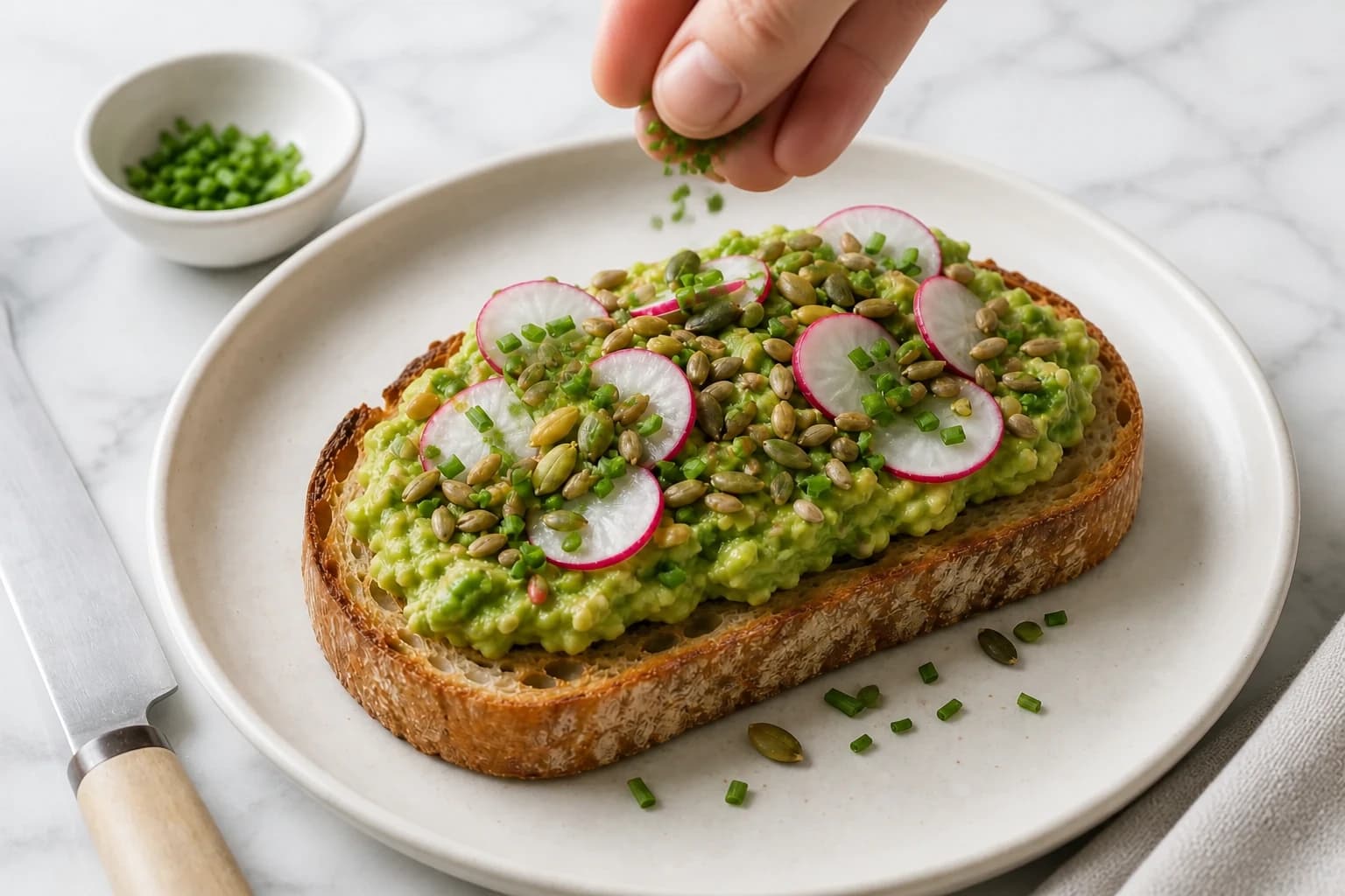 Tartines d'avocat garnies de graines, radis et ciboulette