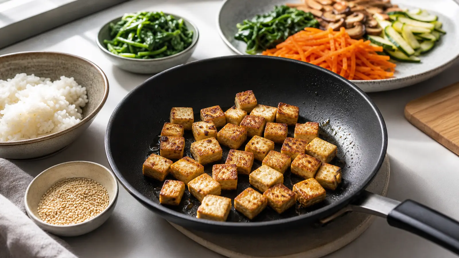 Cuire les légumes en respectant leur texture pour la recette bibimbap vegan au tofu