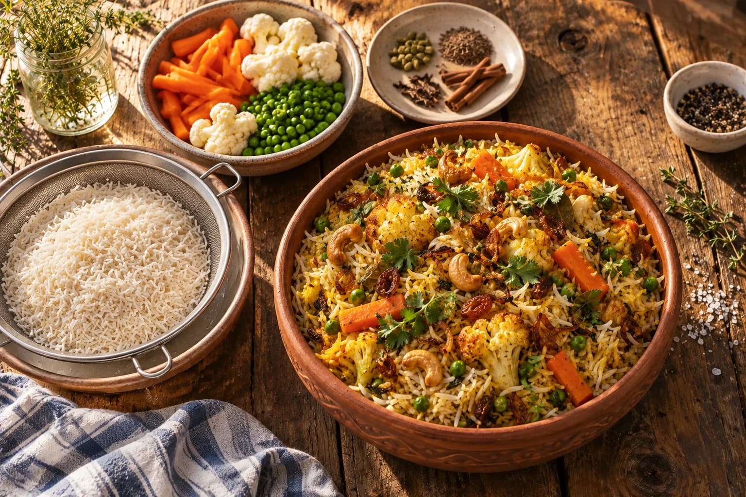 Riz basmati rincé, légumes découpés et épices entières prêts pour le biryani