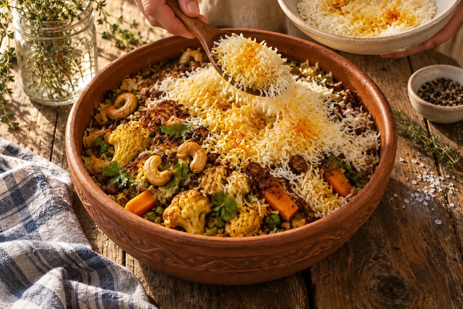 Riz basmati disposé en couche sur les légumes épicés avec safran, noix et oignons dorés