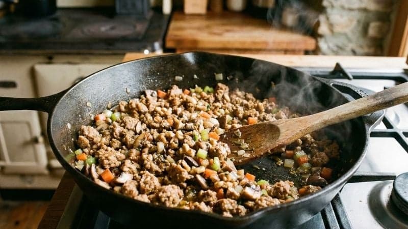 Cuisson de la base protéinée et des légumes pour la bolognaise vegan dans une poêle en fonte.