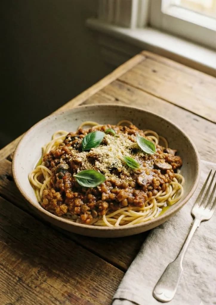 Un bol généreux de spaghettis garnis d'une sauce bolognaise vegan riche et texturée.
