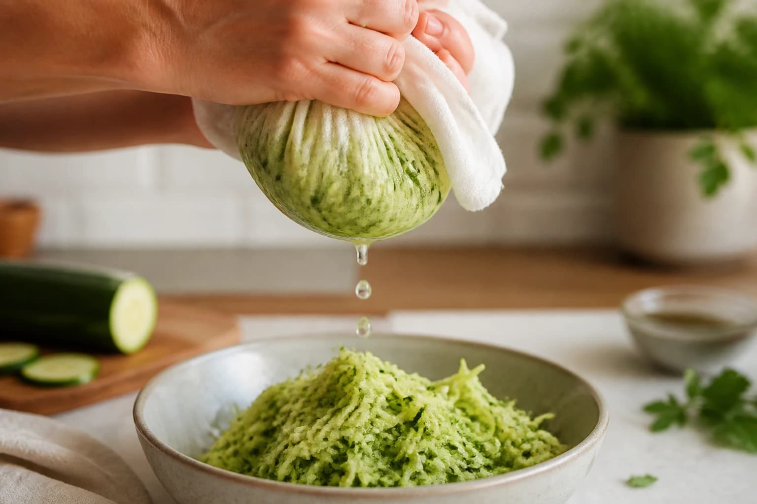 Courgette râpée à la râpe grossière qu'on presse fort dans un torchon pour exprimer l'excès d'humidité