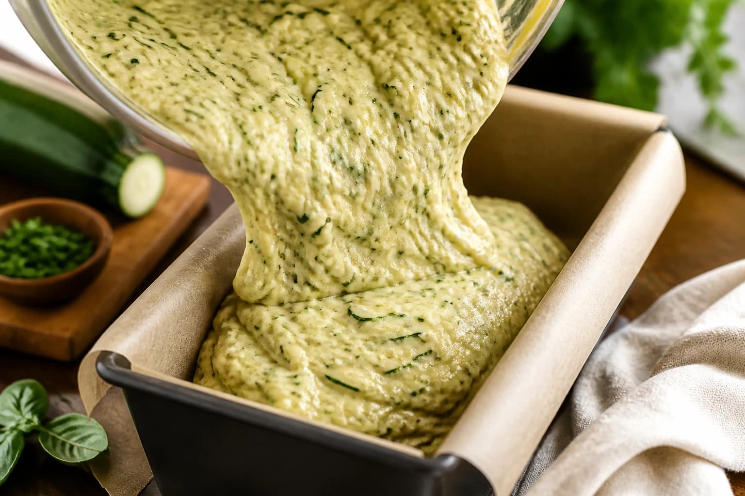 Pâte à cake courgette vegan versée dans un moule à cake chemisé, prête à enfourner