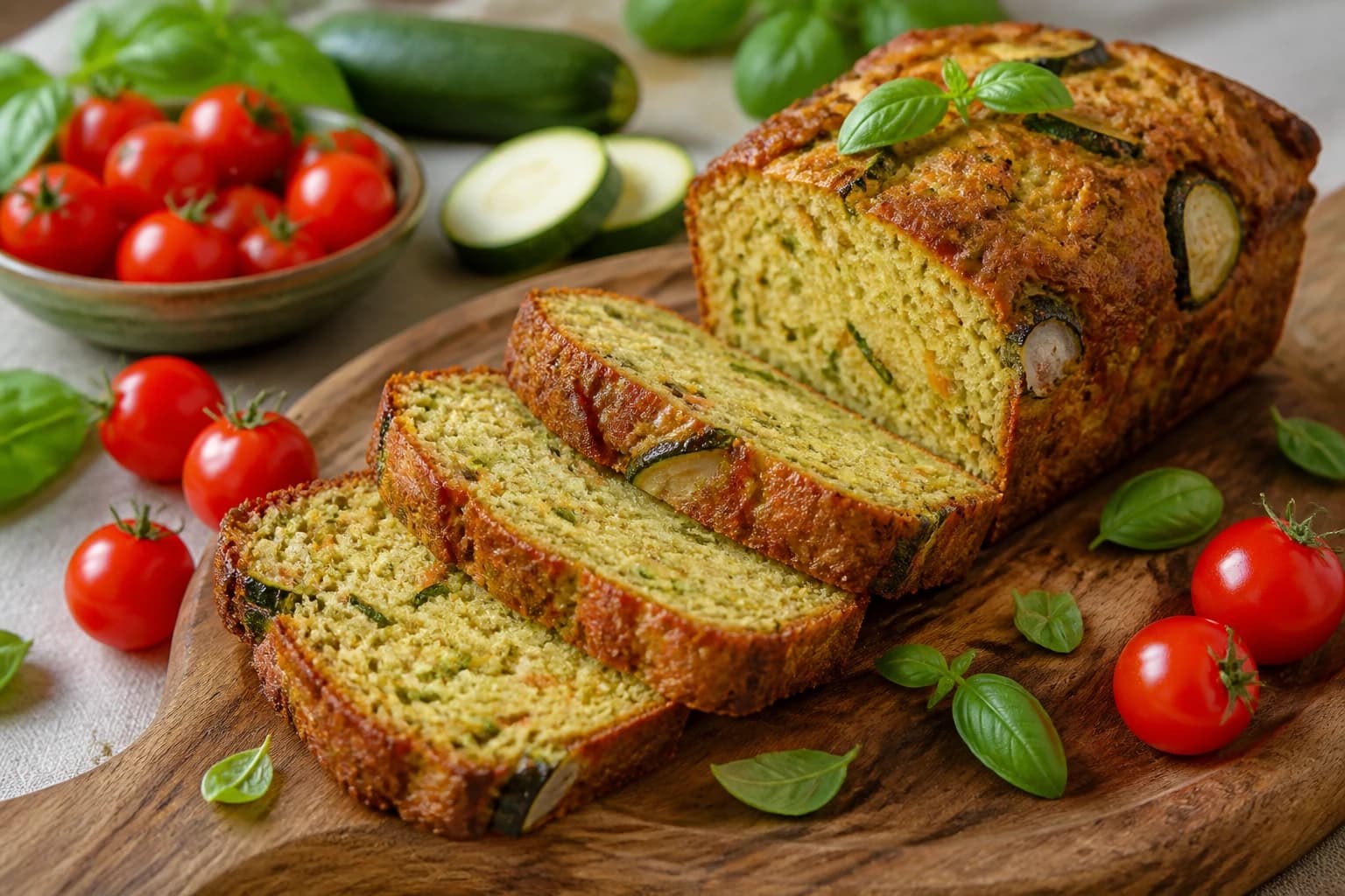 Tranches de cake courgette vegan moelleuses dressées sur une planche en bois pour l'apéro