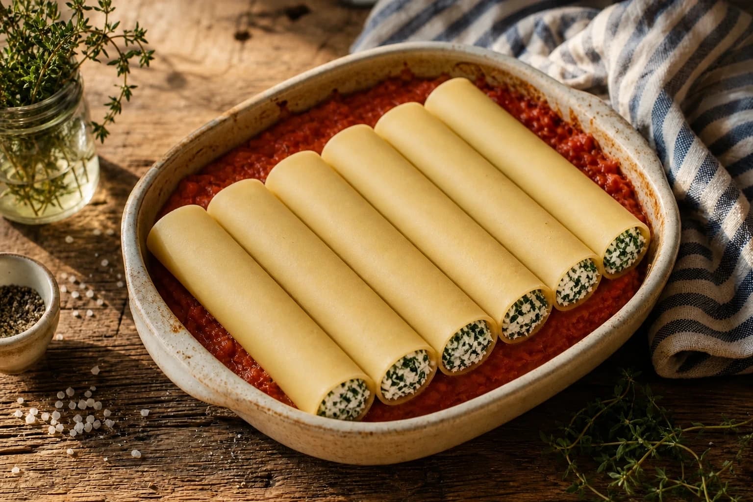 Cannelloni farcis rangés dans le plat avant cuisson au four