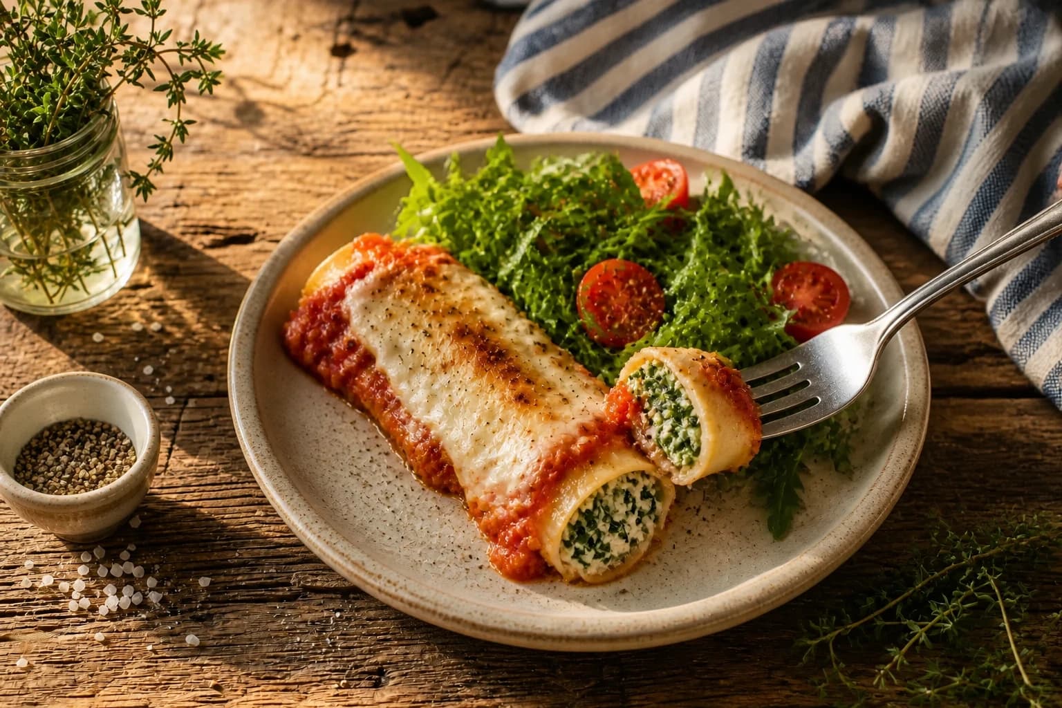 Part de cannelloni épinards ricotta vegan servie avec une salade verte