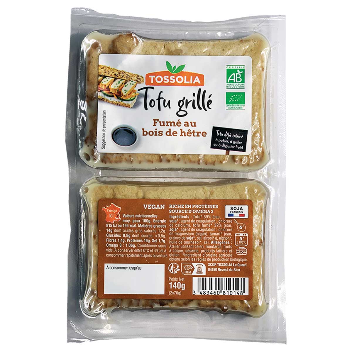 Tossolia Tofu fumé au bois de hêtre bio 140g