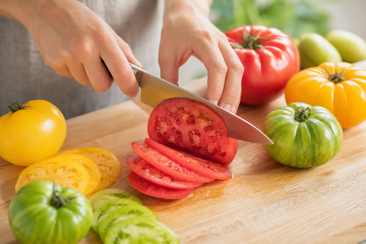 Trancher finement plusieurs variétés de tomates anciennes