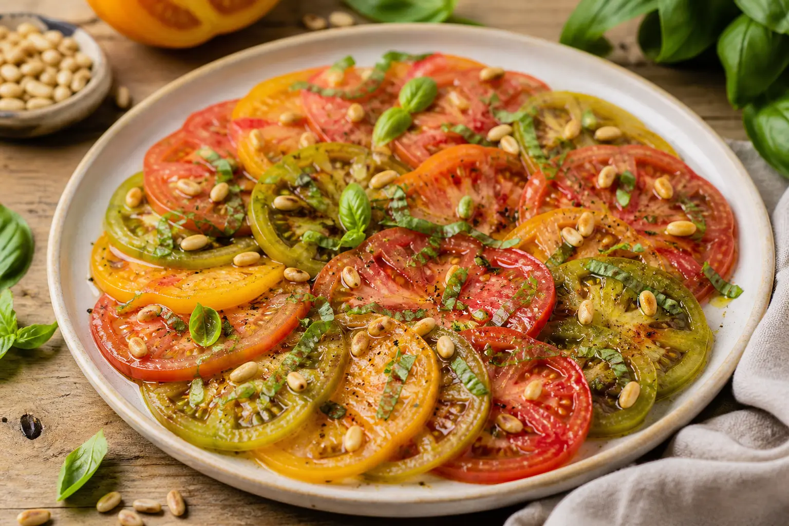 Assaisonner les tranches de tomates anciennes sans les noyer