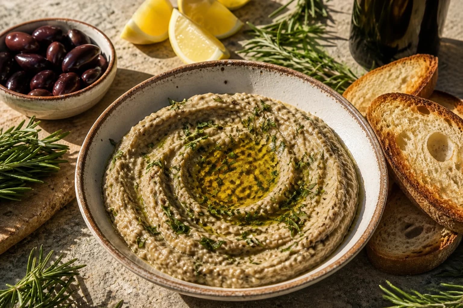 Caviar d'aubergine servi à l'apéro avec des tranches de pain grillé
