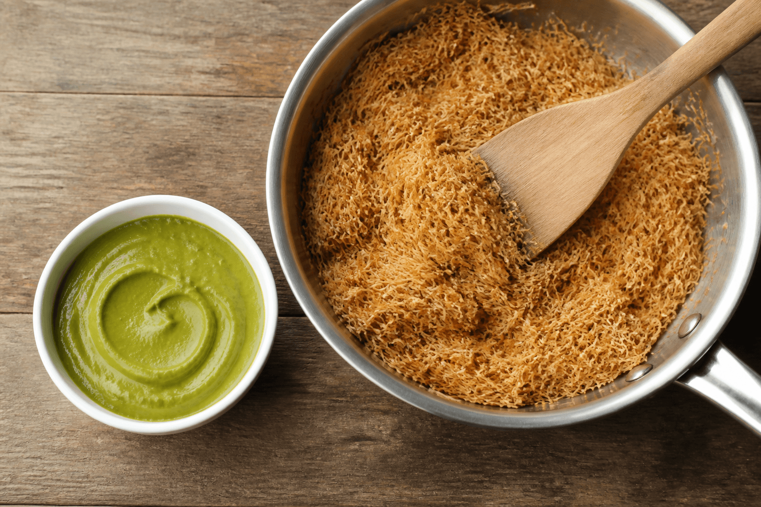 Kadaïf doré croustillant dans une poêle en inox avec une spatule en bois, à côté d'un bol de crème de pistache verte onctueuse prête à être incorporée