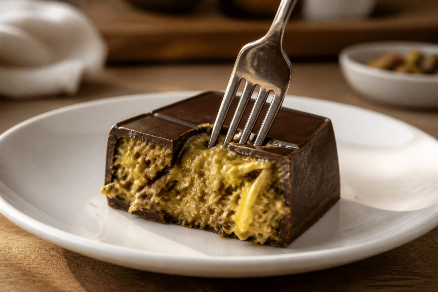 Part de chocolat Dubaï vegan posée sur une céramique blanche, fourchette plongeant dans le fourrage pistache et kadaïf, ambiance lumière naturelle gourmande