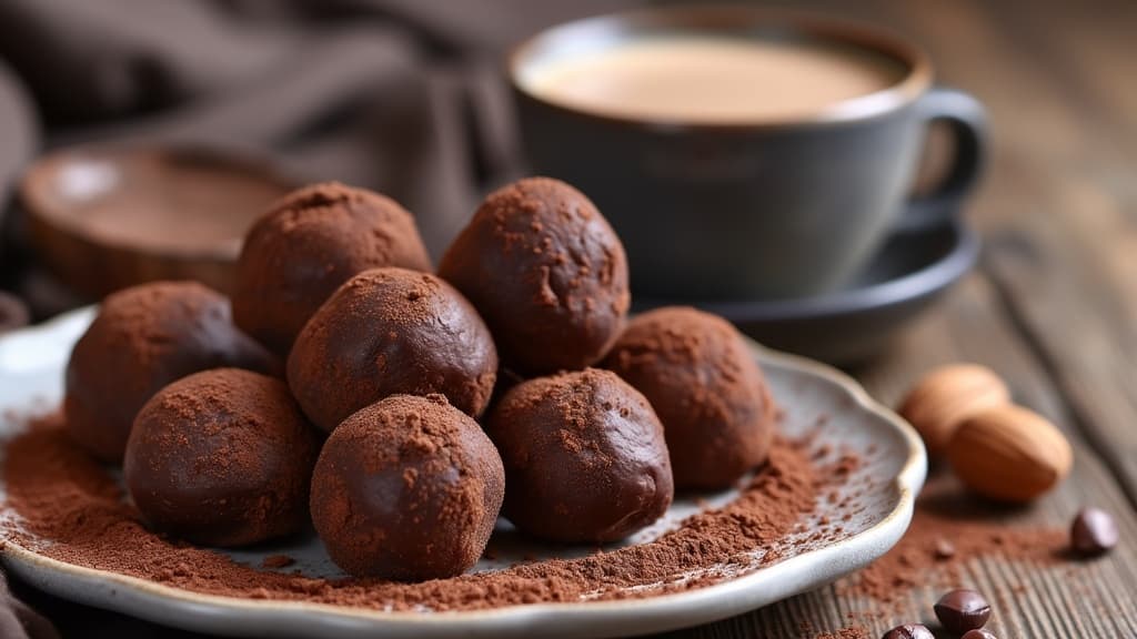 Un gros plan sur une assiette de truffes au chocolat vegan