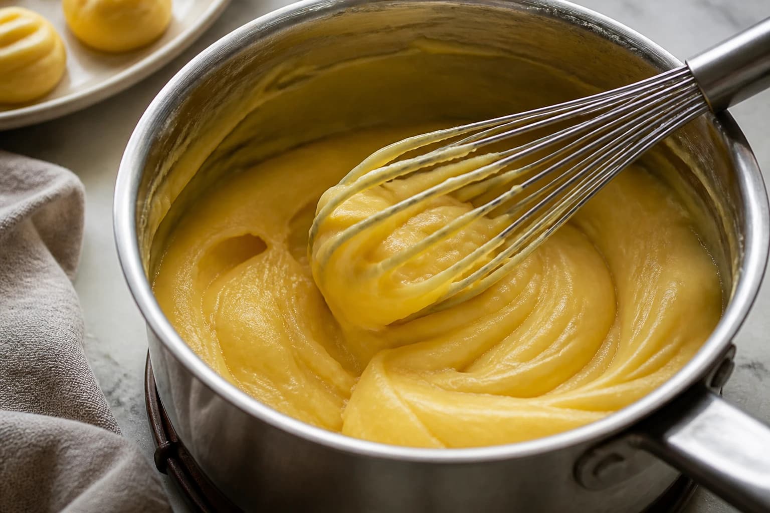 Pâte à choux vegan bien lisse et brillante dans une casserole, prête à être pochée