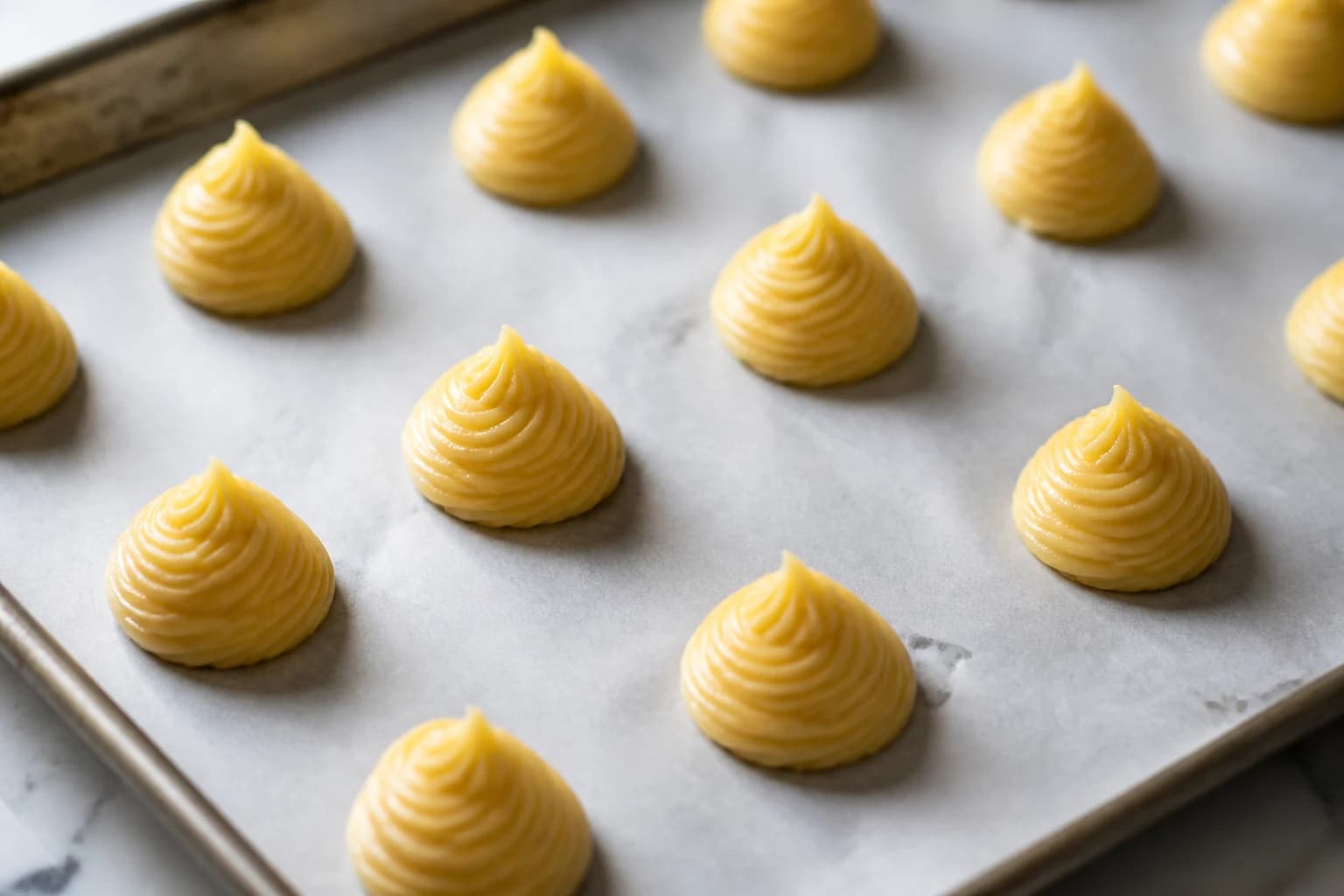 Petites boules de pâte à choux pochées et espacées sur une plaque de cuisson