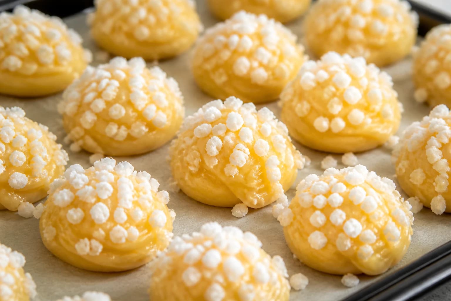 Boules de pâte à choux généreusement parsemées de sucre perlé avant cuisson