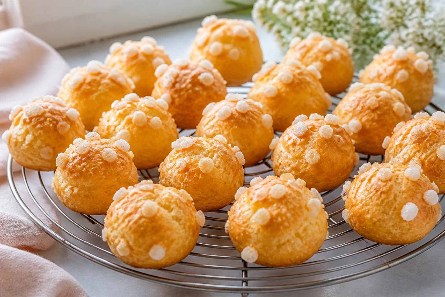 Chouquettes vegan dorées et gonflées refroidissant sur une grille
