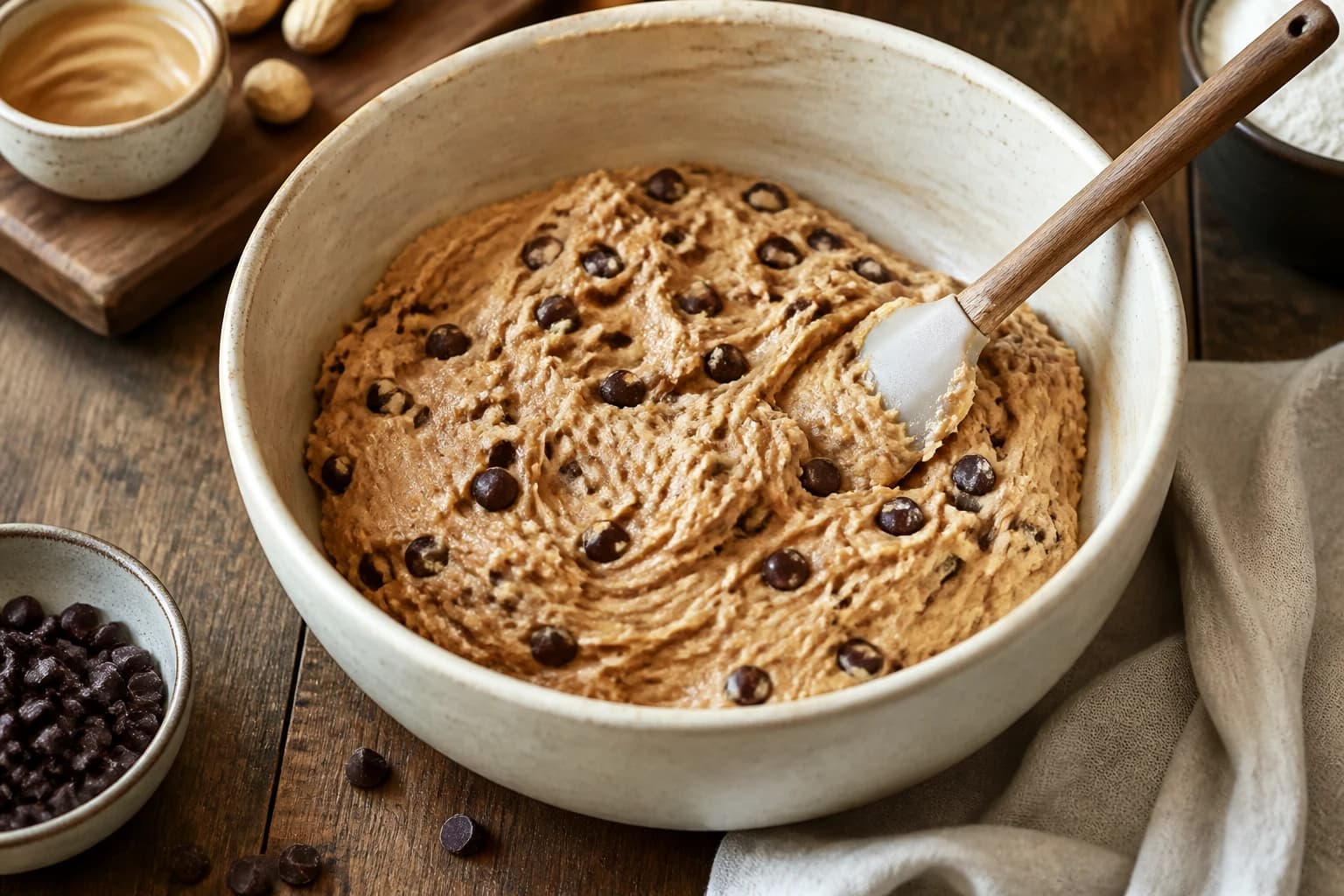 Pâte à cookies au beurre de cacahuète vegan dans un saladier