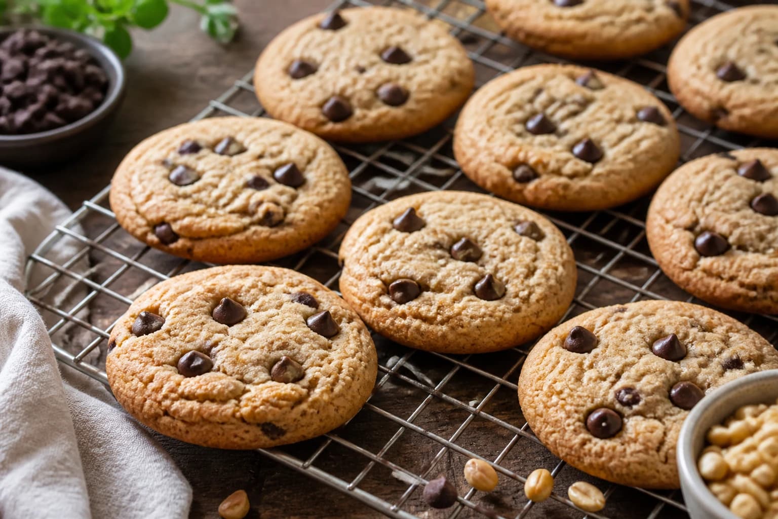 Cookies beurre cacahuète vegan sur une grille de refroidissement