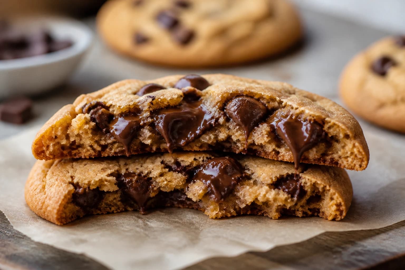 Cookies beurre de cacahuète vegan coupés en deux pour montrer l'intérieur fondant