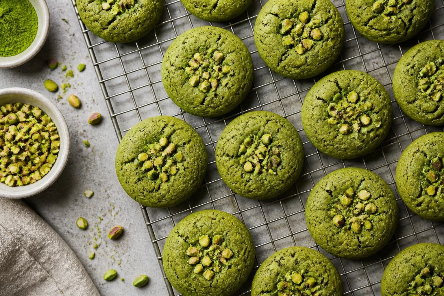 Cookies matcha pistache vegan, vue de dessus, sur une grille