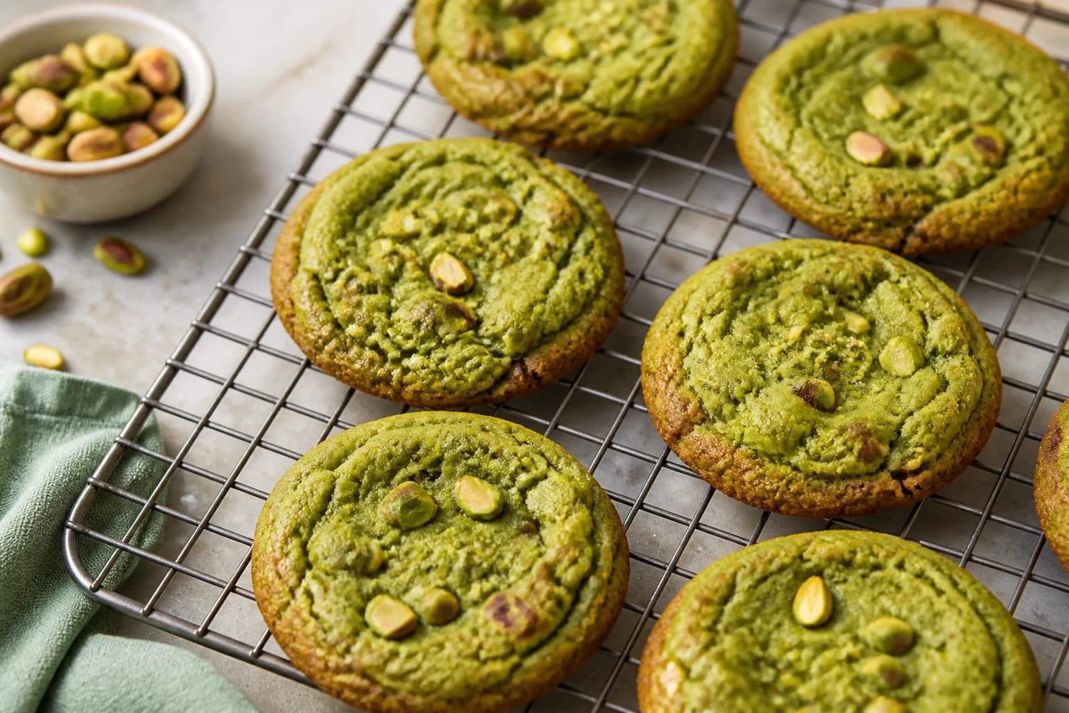 Cookies refroidissant sur une grille, vert intense visible
