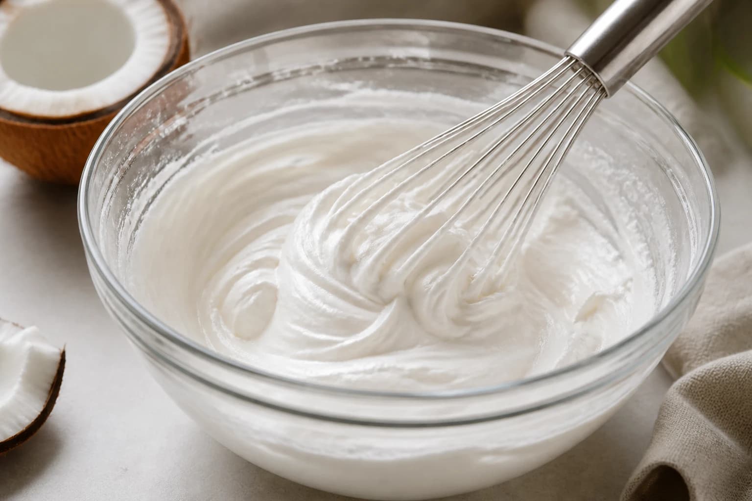 Crème de coco fouettée en texture mousseuse dans un saladier
