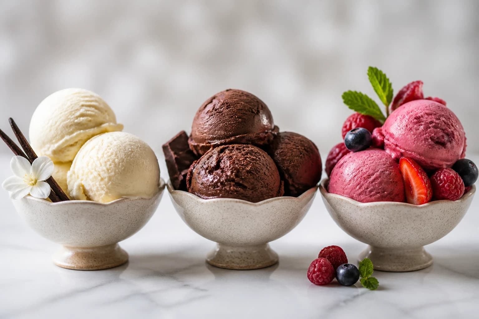 Trois parfums de crème glacée vegan : vanille, chocolat et fruits rouges