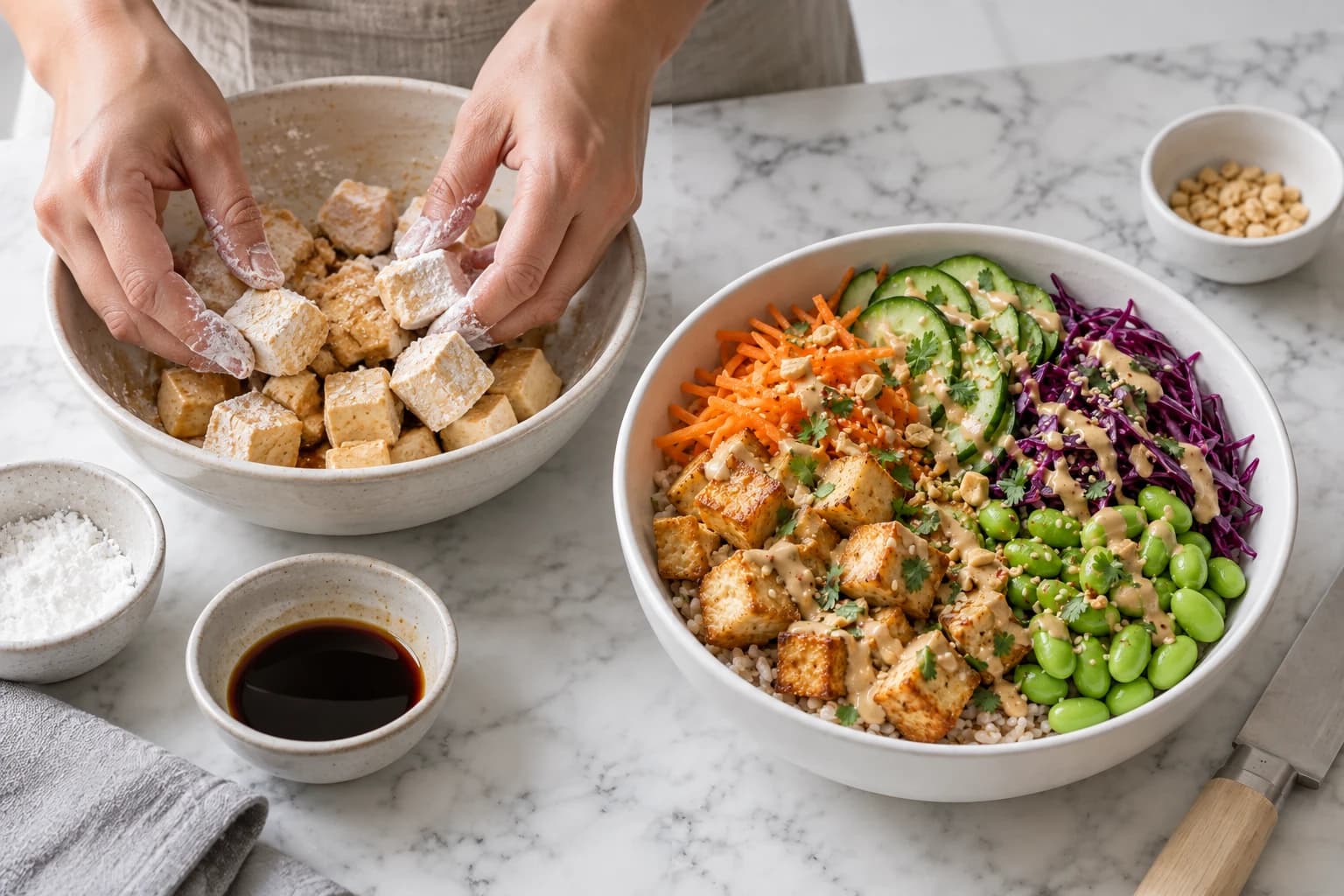 Cubes de tofu enrobés de fécule avant cuisson