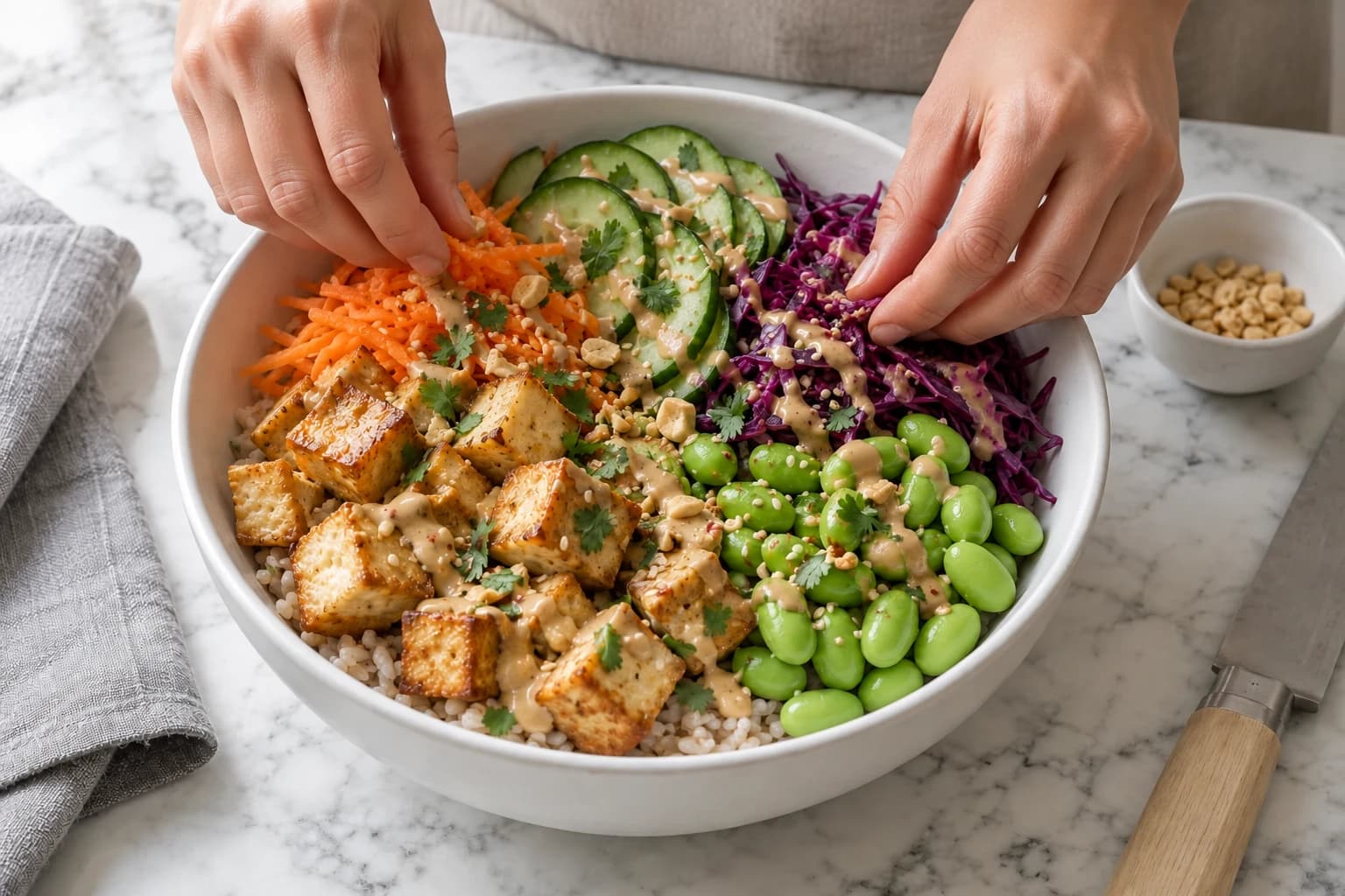 Riz, crudités et tofu croustillant disposés dans un grand bowl