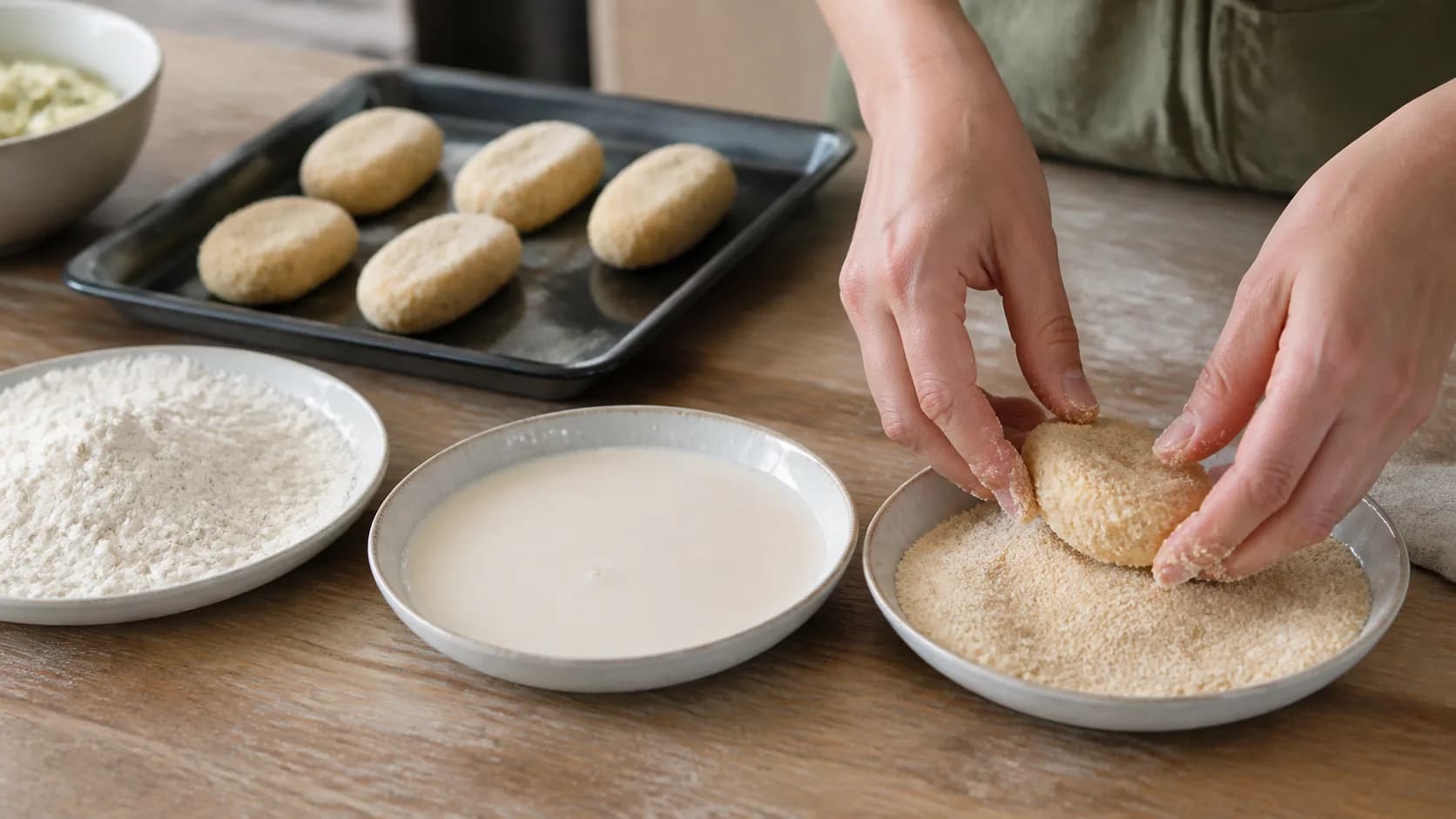 Croquettes de pommes de terre passées dans la chapelure avant cuisson