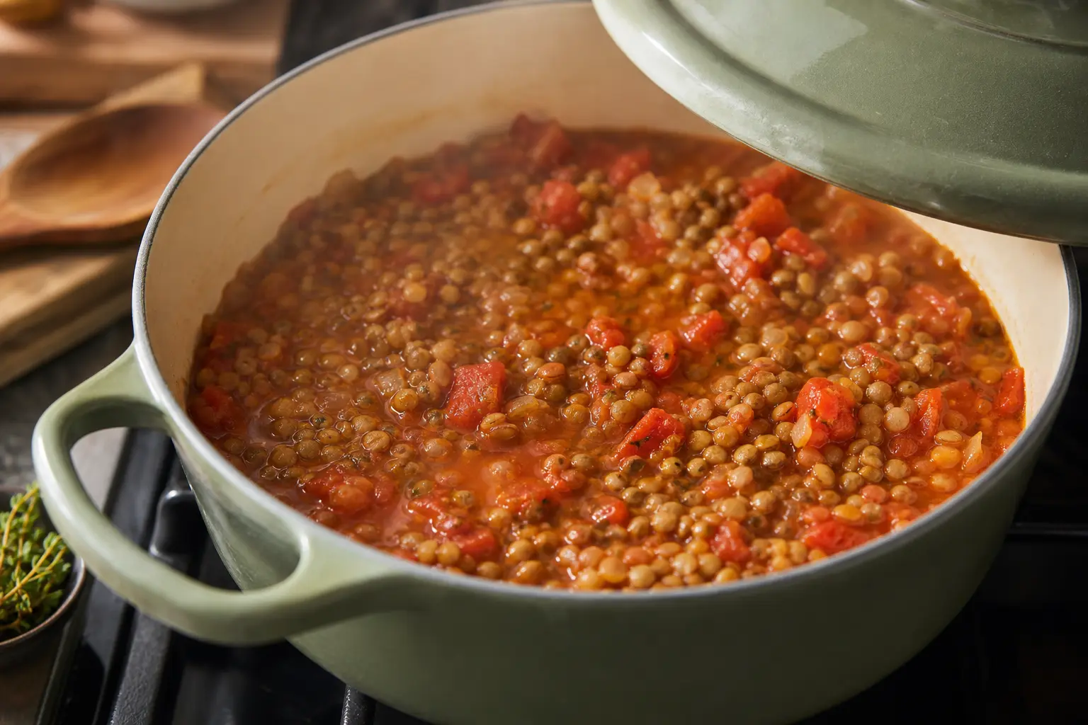 Laisser mijoter les lentilles vertes dans la sauce tomate épicée