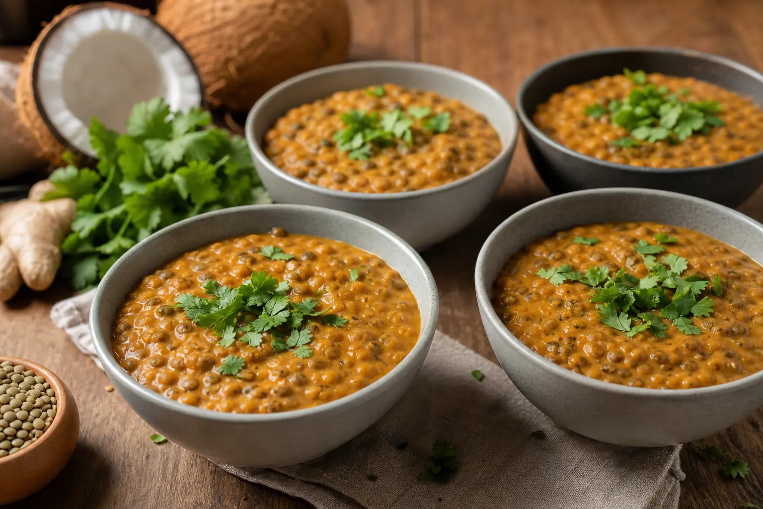 Servir le dahl de lentilles vertes bien chaud