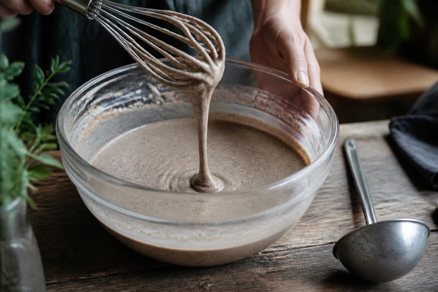 Pâte à galette de sarrasin fluide dans un saladier