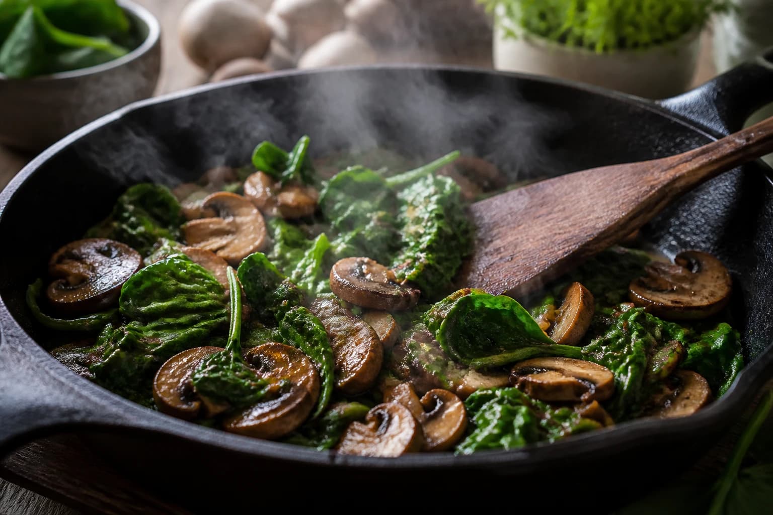 Champignons et épinards qui dorent à la poêle
