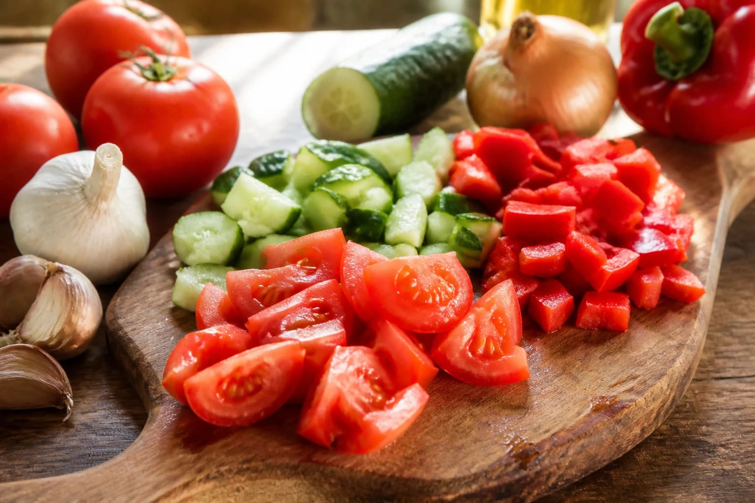 Tomates mûres, concombre et poivron rouge coupés grossièrement sur une planche