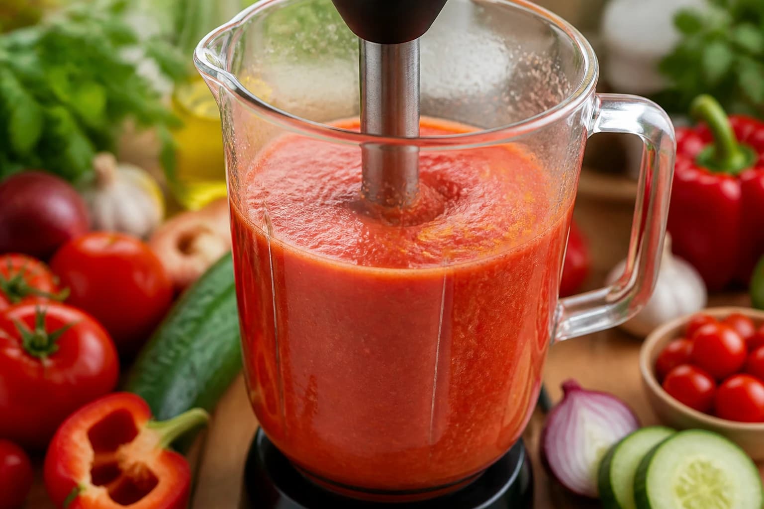 Gaspacho velouté en train d'être mixé au blender