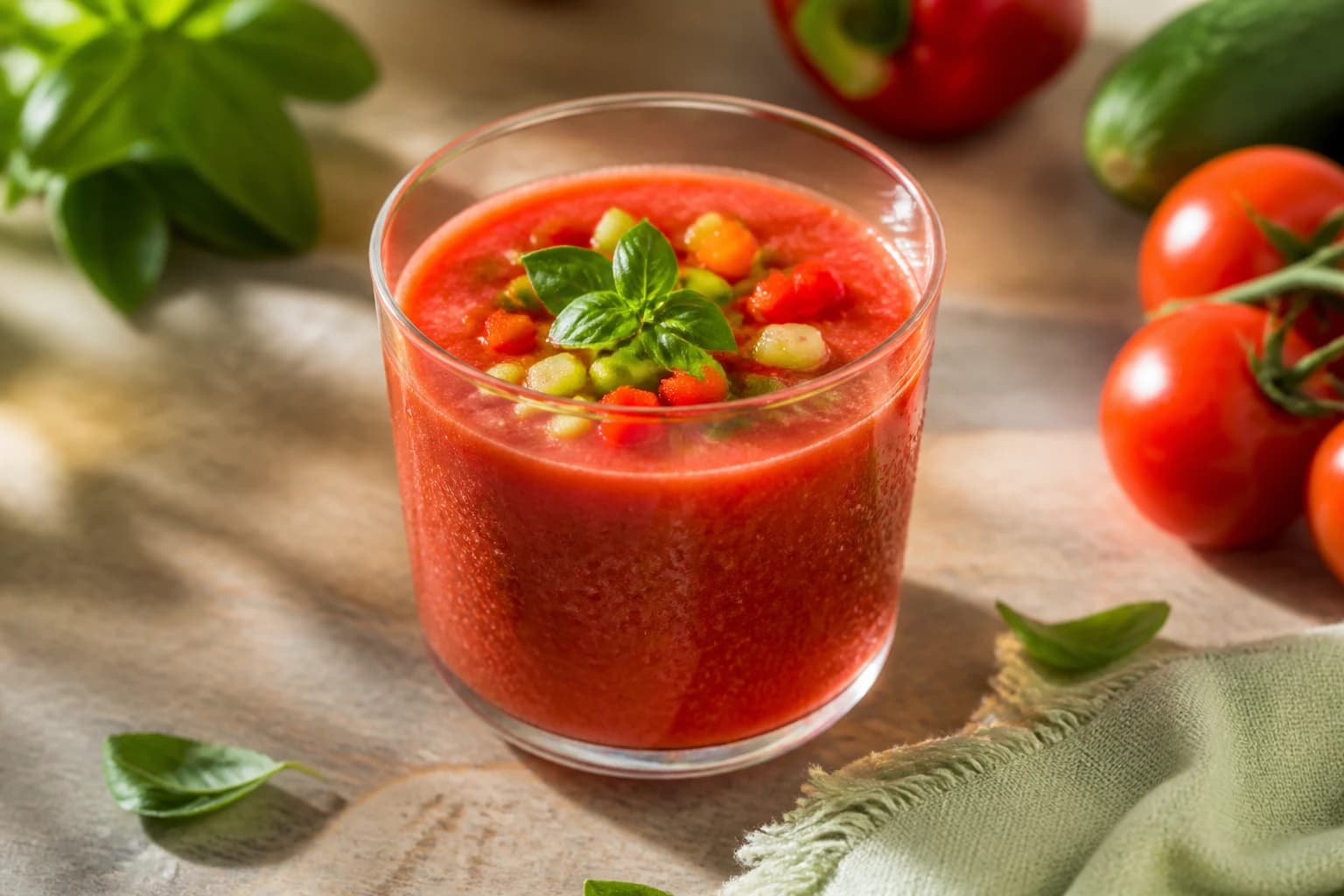 Gaspacho servi bien frais avec dés de légumes et basilic