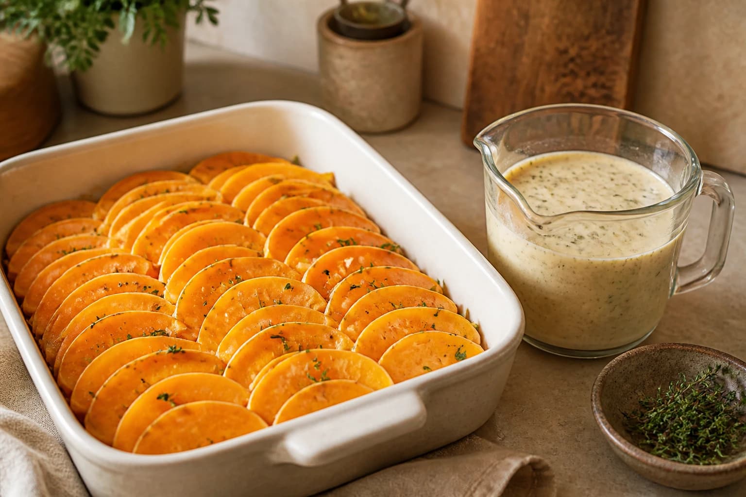 Montage des tranches de butternut dans le plat à gratin