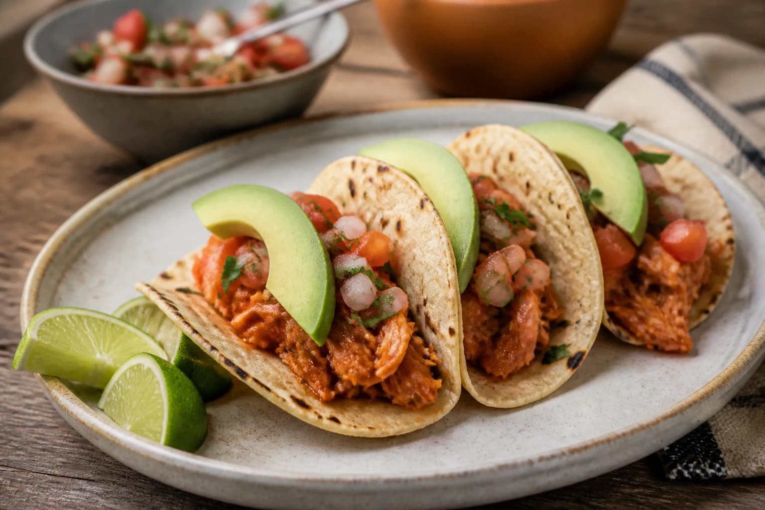 Trois tacos de jackfruit effiloché en sauce tomate épicée, avec avocat, pico de gallo et citron vert