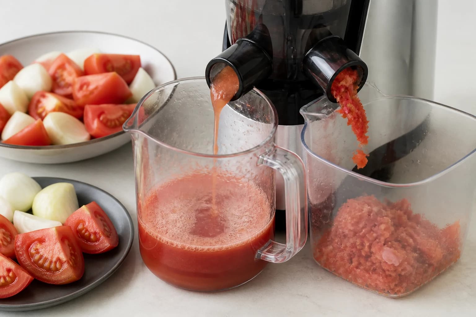 Tomates et oignon passés dans un extracteur de jus