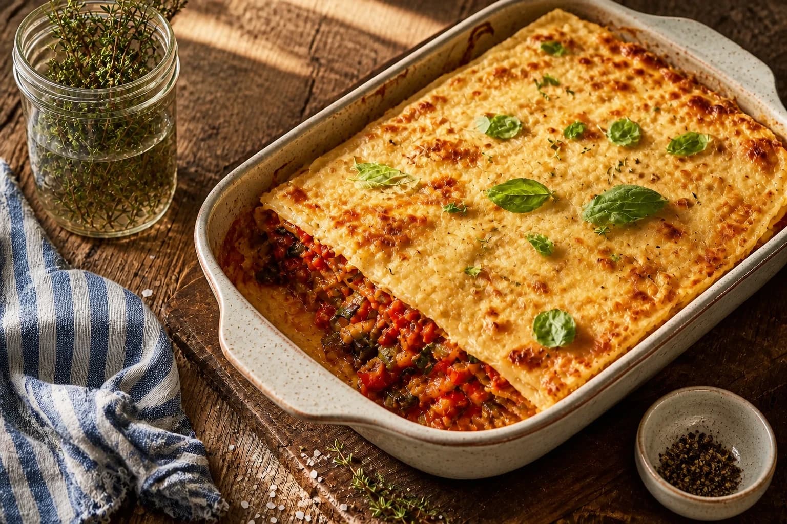 Dés de courgette, aubergine et poivron rôtis et dorés sur une plaque