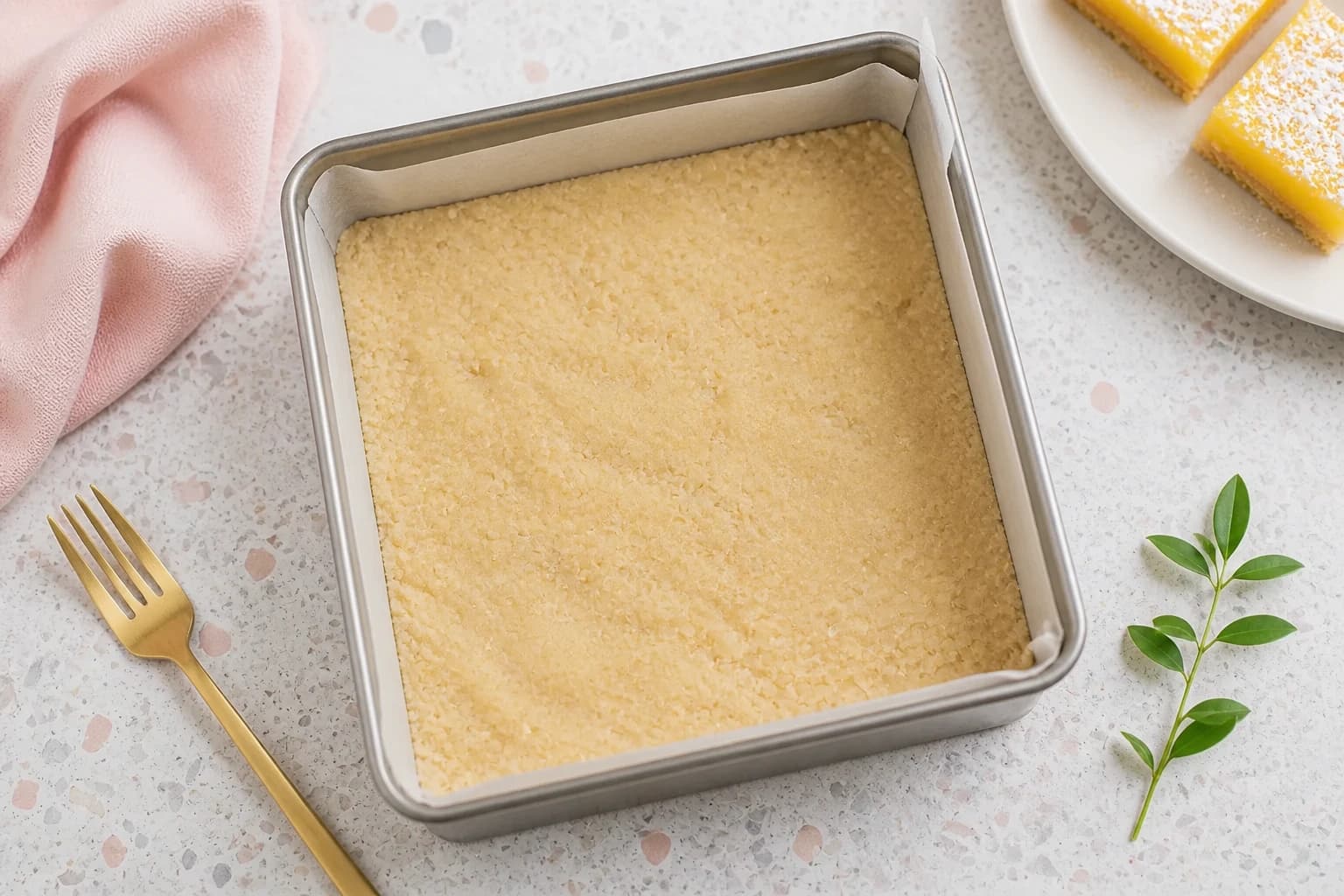 Pâte sablée tassée au fond d'un moule carré chemisé de papier cuisson