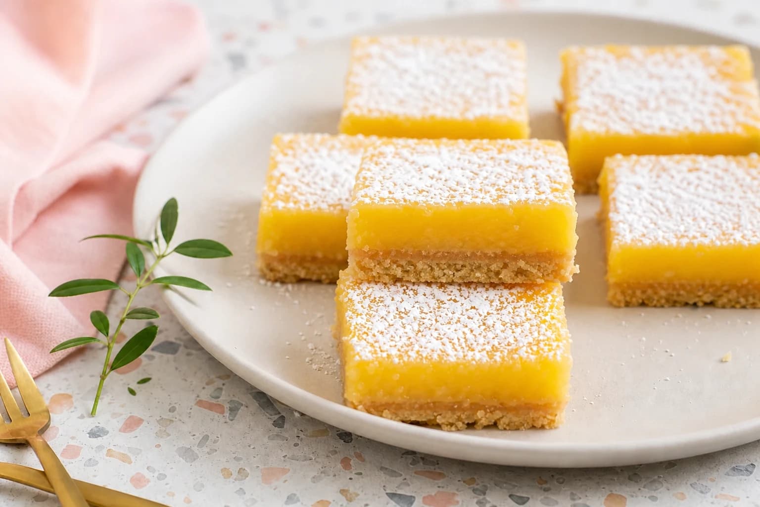 Lemon bars vegan découpés en carrés nets et saupoudrés de sucre glace
