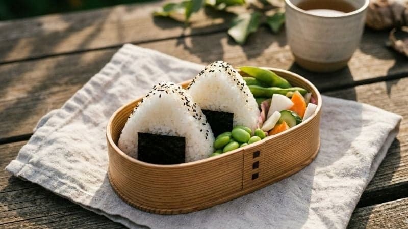 Une boîte bento en bois contenant deux onigiris vegan prêts à déguster, accompagnés d'edamames.