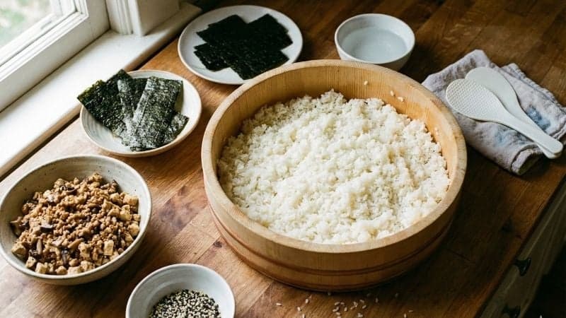Vue d'ensemble des ingrédients préparés sur une table en bois riz à sushi, farce au tofu et algues pour onigiris vegan.